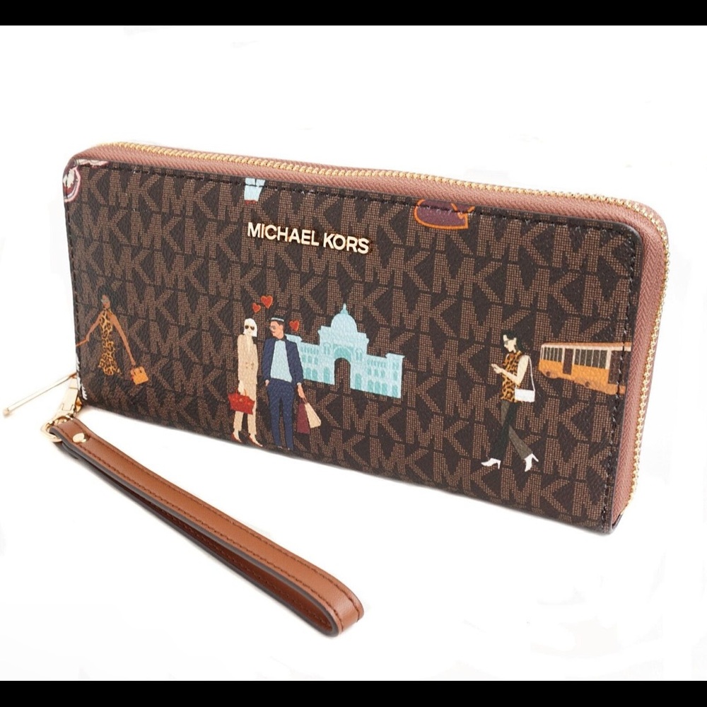 Michael Kors Jet Set Girls Large Zip Around Continental Wristlet Wallet Brown - Picture 2 of 5